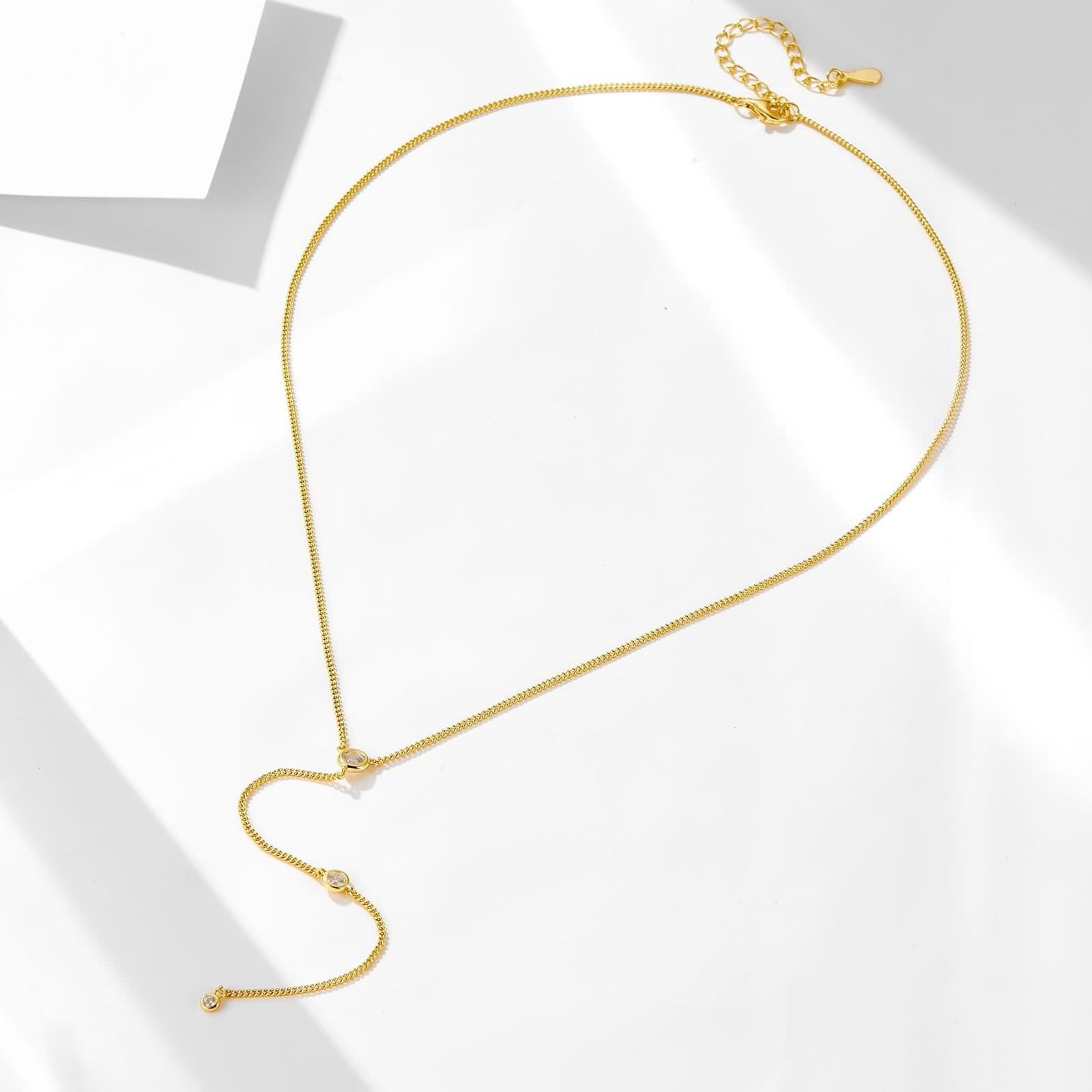 Halskette Gold Damen, Halskette Lang Elegant Weiß Im Labor Hergestellter Diamant Anhänger Kette Echtschmuck 9K/14K/18K Gelbgold Y-Halskette