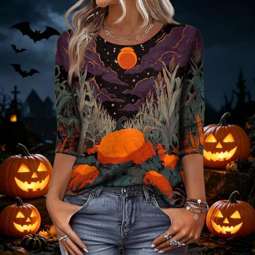 Image of Women Spooky Halloween Graphic Shirt 3 /4 Length Sleeve Crewneck Top | Halloween Funny Printed Pumpkin Plus Size Tshirts 2026 Fall Outfits Skeleton Tee Going Out Tops
