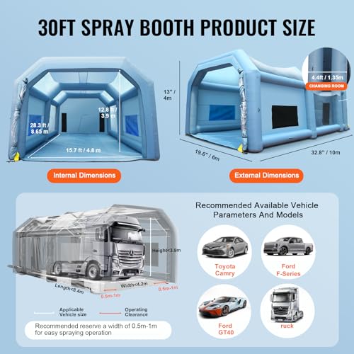 VEVOR Tragbares Aufblasbares Farbzelt für Sprühmalerei 1100 + 950 W, 10 x 6 x 4 m Sprühschutz Farbkabine für DIY-Projekte, Hobby-Farbautomaten-Werkzeug, Blau 210D Oxford-Gewebe Auto Lackierkabine