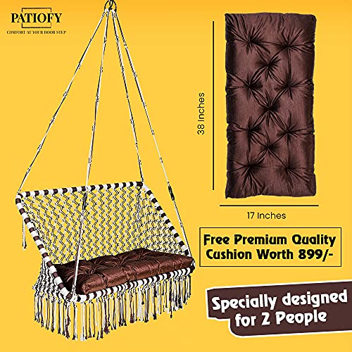 Image of Patiofy Premium Large Double Seater Swing Chair /Hanging Hammock Swing Chair for 2 People /Jhula for Adults & Kids / 2 Seater Swing for Balcony, Free Hanging Kit & Cushion Included-White-Brown