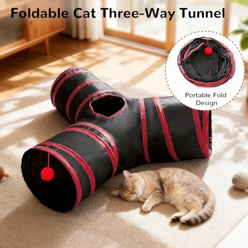 Image of Tempcore Cat Tunnel for Indoor Cats, 3 Way Collapsible Pet Play Tunnel with Teaser Wand, Peek Holes & Hanging Ball, Interactive Tube for Kittens & Rabbits, Black & Red