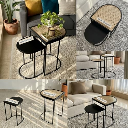 Image of Charcoal Rattan Cane Side Table with Glass top - Bohemian Solid Mango Wood Cane Iron Sofa Side end Table - Wood and Cane Nesting Table S#047 (Charcoal Black)
