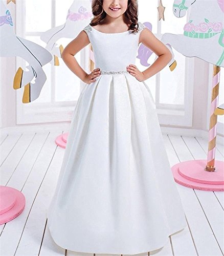 White First Communion Dresses for Girls 7-16 Satin Ruffles Kids Birthday Party Dress3