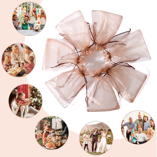 Image of Hopttreely 100pcs Organza Gift Bags, Light Brown 4 inchx6 inch(10x15cm) Mesh Bags Drawstring Gift Bags Jewelry Pouches for Candy Wedding Favors Christmas