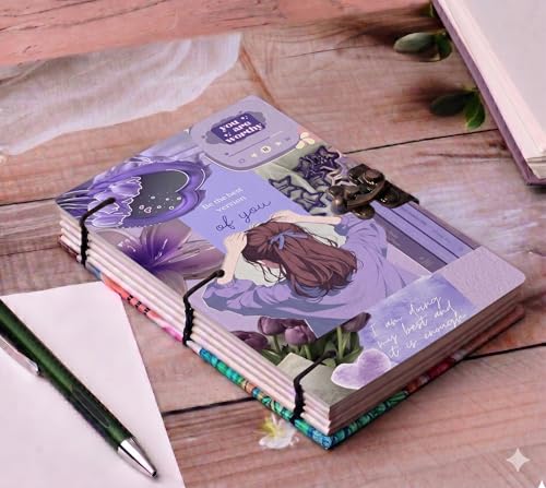 Image of Aesthetic Anime Girl Hardcover Personal Journal - A5 Handmade Diary with Antique Metal Lock, 200 Unruled Pages for Creative Writing & Sketching - Gift for Teens & Artists