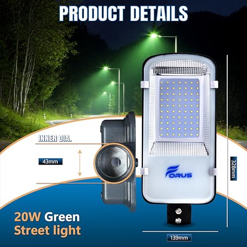 Image of Forus 20W LED Street Light with Clamp, IP66 Waterproof Outdoor LED Street Light, High Lumen 2400lm Green, Aluminium Body for Road, Parking Lot, Garden & Industrial Outdoor Lighting (1 Pc)