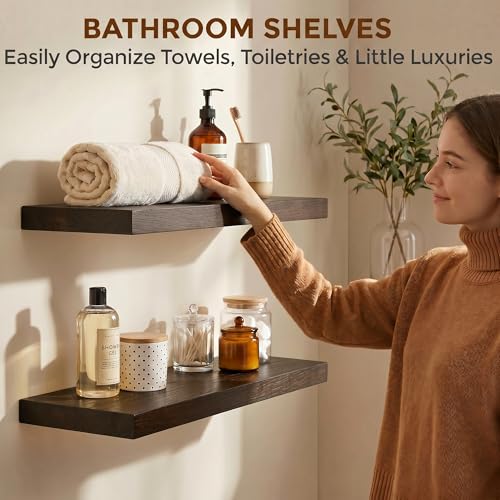 Image of Dreamland Floating Shelves 24 Inch Long for Wall Decor, Rustic Solid Elm Wood Floating Shelf Wall Mounted, Wall Shelves Set of 2 with Invisible Bracket for Living Room Bathroom Bedroom Kitchen, Walnut