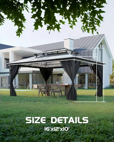 Hardtop Gazebo 12'x16' for All Weather, Double Polycarbonate Sheets Roof, Aluminum Alloy Frame, Net, and Curtain, Permanent Building for Patio, Deck, Backyard, Lawn, and Garden, Gray