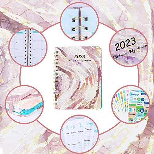 Kaket Diary 2023, A5 Diary Planner 2023 Diary, Week to View Planner from Jan 2023 to Dec 2023, Diary 2023 with 12PC Stickers, Twin-Wire Binding, Hard Cover, Elastic Closure, Inner Pocket (Pink1)