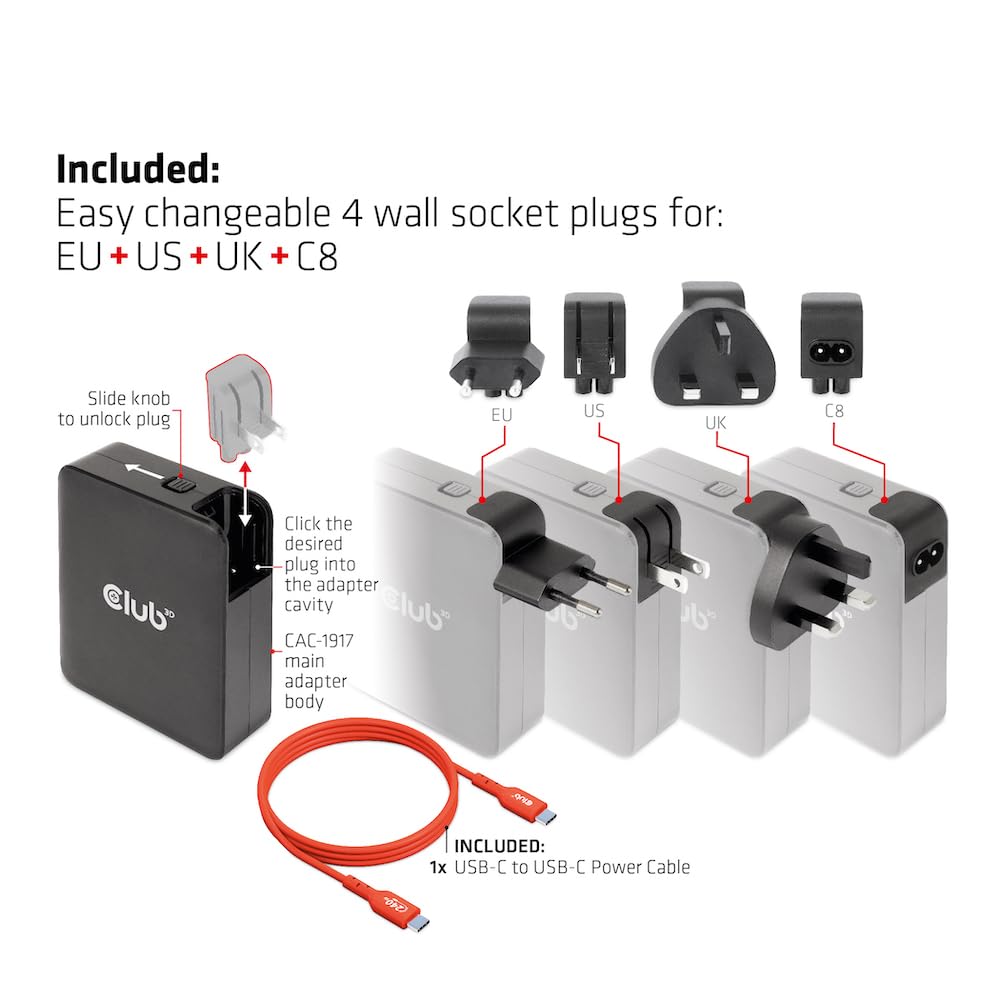 Club 3D CAC-1917 - Caricabatterie da viaggio 140 W, tecnologia GaN, USB tipo A (1x) e tipo C (3X), PPS + Power Delivery (PD) 3.1
