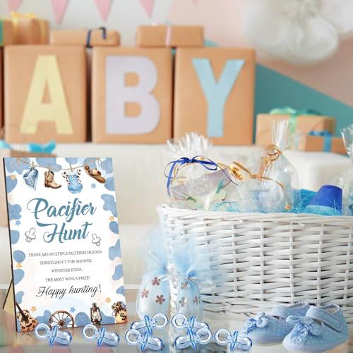 Image of Thyle 51 Pcs Cowboy Pacifier Hunt Baby Shower Games Boys Include Hunt Sign and 50 Acrylic Pacifiers for a Little Cowboy Is on The Way Theme Baby Shower Game Decoration for Gender Reveal Party Decor