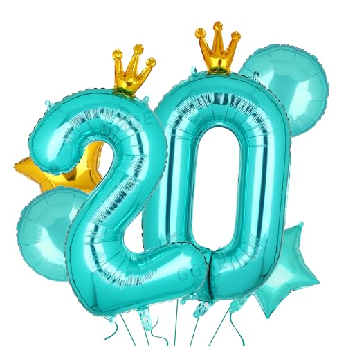 Image of Crown Teal Blue Number 20 Balloons 40 Inch Large Helium Mylar Digital Balloon Anniversary Wedding Mermaid Theme 20th Birthday Party Decor Supplies 5 Pcs, Big