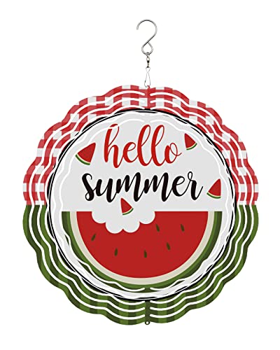 Wind Spinners For Yard And Garden, Hello Summer Stainless Steel Wind Sculptures Spinners, Red Plaid Teal Striped Tropical Watermelon Wind Spinner Crafts Ornaments 3D Indoor Outdoor Decorations 8" #TOP23