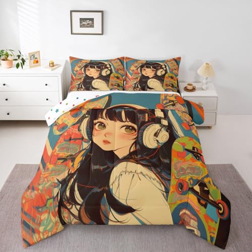 Image of Erosebridal Kids Comforter Sets Queen Size, Cool Girl with Hippie Headphone Bedding Comforter Sets, Fashion Girly Comforter Duvet Set 3D Anime Cartoon Style Teens Bedding Sets for Girls Women