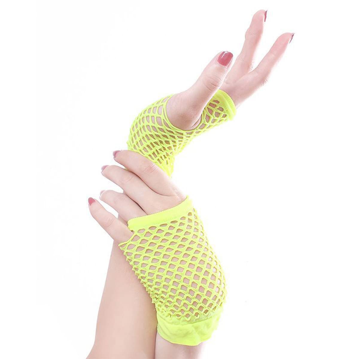 Samheng Women's Yellow Short Fishnet Gloves, 1 Pair Pierced Nylon Fingerless Mesh Gloves Funky Retro Elegant Stretchy Opera Evening Party 1920S Gloves For 80S Party Dance Disco Costume Parties Supplies