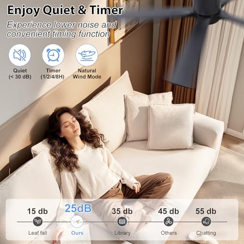 Image of ELEHINSER 52 Inch Flush Mount Ceiling Fan with Lights, Low Profile Modern Ceiling Fan with Remote, Quiet DC Motor, 6-Speed, 3CCT,Timer, 5 Solid Wood Blades, Black