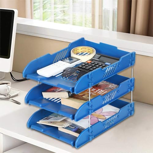 Image of File Tray Rack ABS Plastics | Foldable Office Desk Accessories | Durable & Sturdy | Easy Assembly | Efficient Organizer | Plastic Office Stationery Files Layer Rack (3 Layer, Blue)