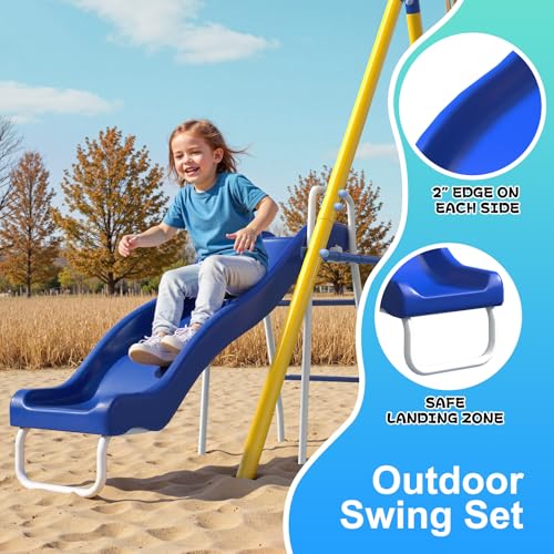 Image of 5-in-1 Kids Swing Set Slide, Saucer, Trapeze, Belt Swing and Basketball Hoop, Heavy Duty 600lbs, Metal Swing Sets for Backyard Ages 3-12