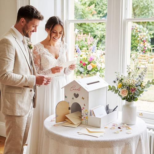 Image of Wooden Wedding Card Box Cabin-Shaped with Flower Trough & Magnetic Door