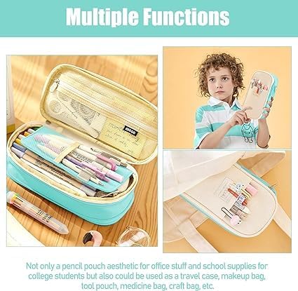 Image of LABUK Large Capacity Pencil Case Pouch, Cute Aesthetic Big Capacity Zipper Cases Pen Portable Office Stationery Makeup Bag, Desk Organizer for College Adults Women Men (Cotton Green)