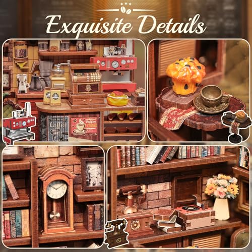 Image of CUTEBEE Book Nook Kit - Coffee Shop Miniature House Build Yourself | 3D Wooden Puzzle & Bookend - Bookshelf Decoration & Gift (Corner Coffee Shop)