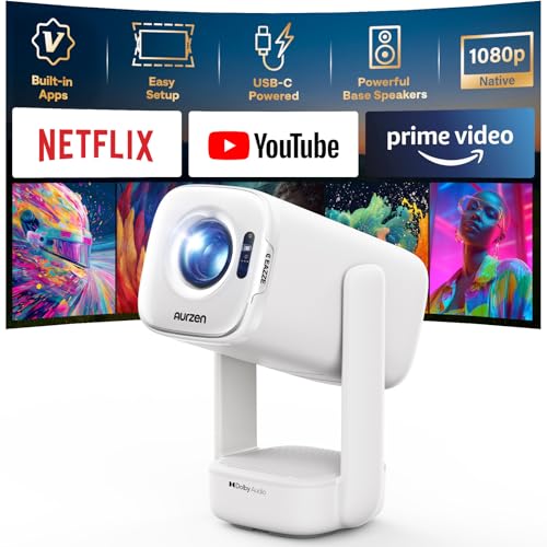 Aurzen D1 air Smart Beamer mit Netflix 16W Dolby Audio Beamer Outdoor 1080P mit HDR10 & 4K-Unterstützung 180 Drehbar Mini Tragbarer Projektor mit USB-C PD TOF-Autofokus Trapezkorrektur Weiß