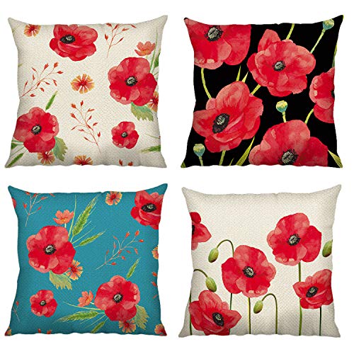 Bonhause Juego de 4 Funda de Cojín 45x45cm Amapola Flor Roja Algodón Lino Fundas de Almohada para Cojines Decorativos para Sofá Cama Coche Hogar