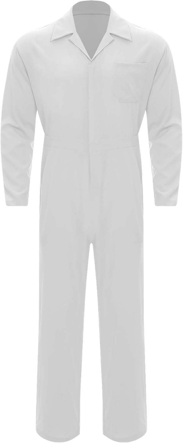 Men's One Piece Work Uniform Jumpsuit Long Sleeve Stylish Turn Down Collar Coveralls Mechanics Work Clothes White XX-Large