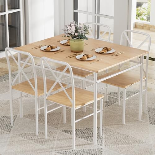 Image of VECELO Dining Table Set for 4, 5-Piece Wood Kitchen Table with Chairs for Small Space, Breakfast Nook, Space-Saving, Natural White