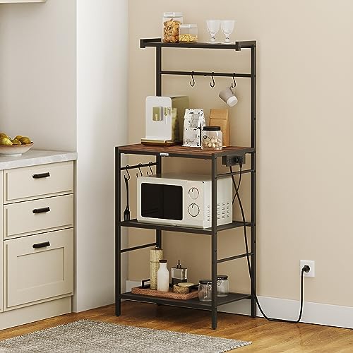 MAHANCRIS Bakers Rack with Charging Station, 4-Tier Microwave Stand, Storage Shelves with 6 S-Shaped Hooks, Practical Coffee Bar, for Kitchen, Dining Room, Rustic Brown BRHR35E01 - Image 3