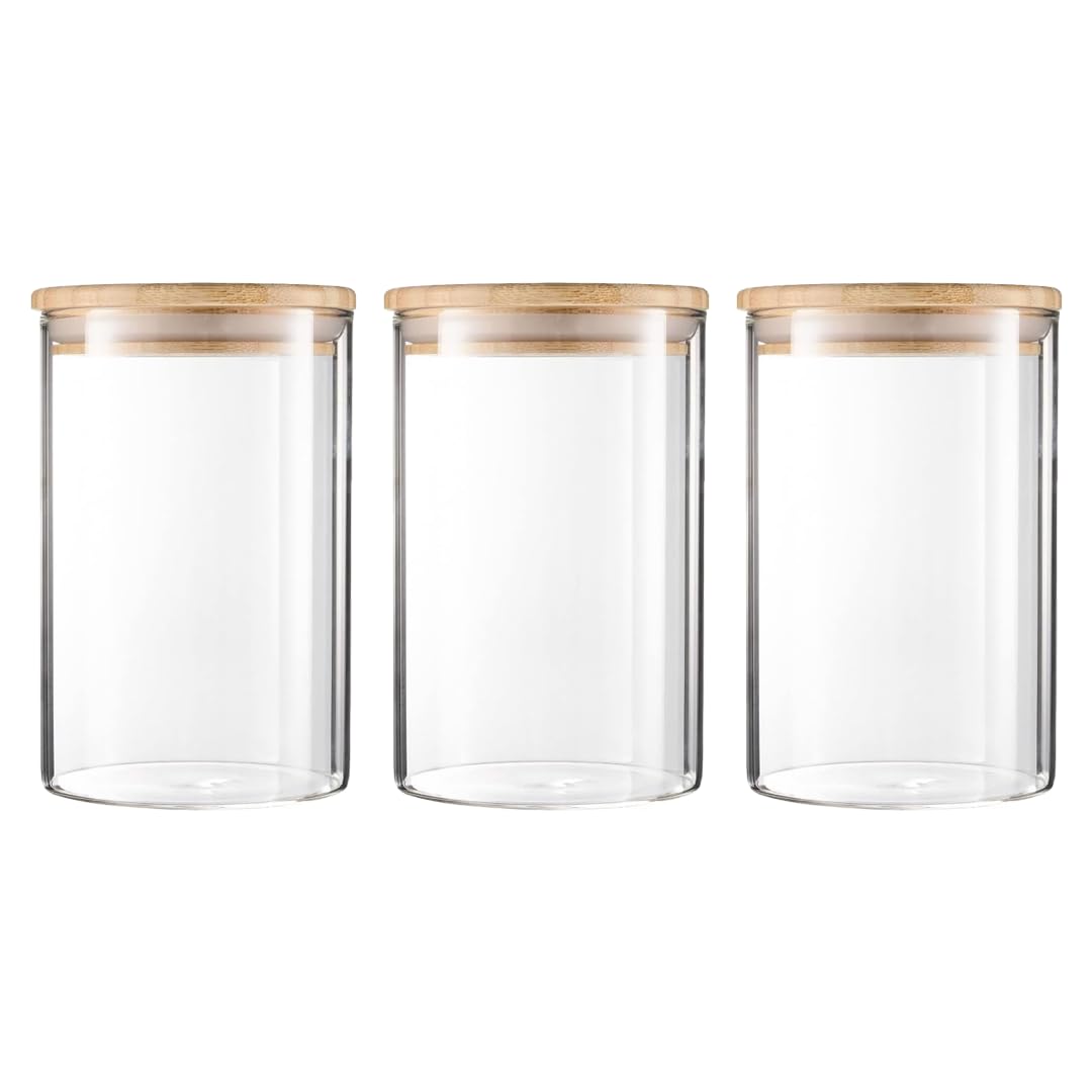 NBBENG Glass Jars with Bamboo Lids, Clear Airtight Food Storage Container Jar with Sealing Lid, Clear Kitchen Canisters for Spice Herbs Pasta Flour Coffee Tea Cookie Snack Seed Set of 3 (750ml)