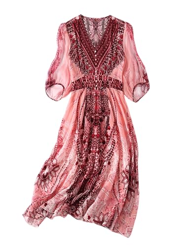 Robe en soie col en V jupe midi taille haute rose imprimée été femme