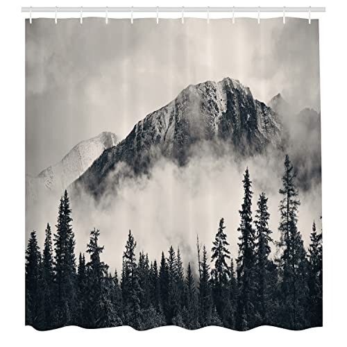 Ambesonne National Parks Shower Curtain, Canadian Smokey Mountain Cliff Outdoors Idyllic Scenery Photo Artwork, Cloth Fabric Bathroom Decor Set With Hooks, 69" W X 70" L, Black White #TOP1