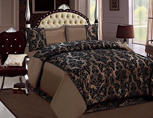 Lisa 4 Piece Damask Super Complete Set Floral Flock Duvet Quilt Cover Bedding Comforter Set - Double,king,Super King Size (King, COFFEE)