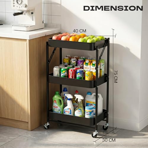 Image of Multipurpose Foldable Kitchen Storage Trolley | Heavy Metal 3-Tier Utility Cart for Storage | Portable Cart for Kitchen, Bedroom, Office | Kitchen Rack with Lockable Wheels (Black)