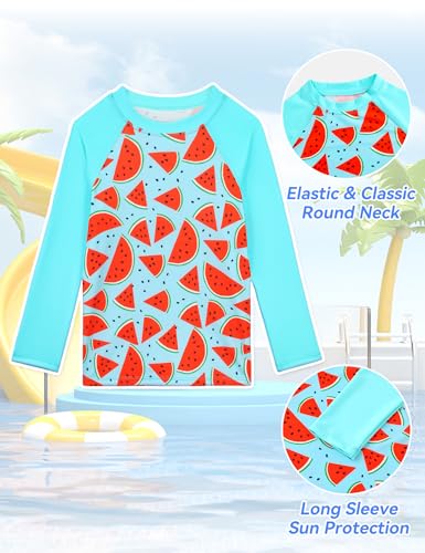 Girls Rash Guard Swimsuit Size 7-8 Years Old Green Watermelon 3 Pieces Long Sleeve Bathing Suit Set3