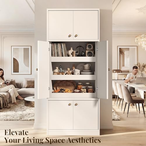 Image of 71 Inch Tall Kitchen Pantry Cabinet with Pull Out Drawers, Modular Concealed Storage Hutch, Expandable Wall System, Heavy Duty Thickened Panels, Freestanding Kitchen Organizer, White