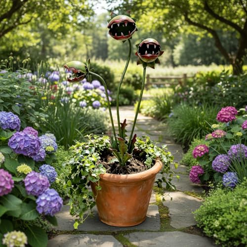 Whimsical Metal Carnivorous Plant Garden Stake 25 Inch Large Handmade Venus Flytrap Monster Plant Garden Sculpture Durable Quirky Monstrous Carnivorous Plant Decor for Patios Flower Beds Lawn Yard