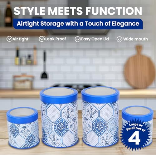 Image of Maroc Collection Airtight Kitchen Container Set| 450ML+1100ML- Set of 4| Food Grade Metal Jars for Spices, Cookies & Dry Food Storage| Vacuum Lid, Rust Resistant, Moroccan Blue Canisters