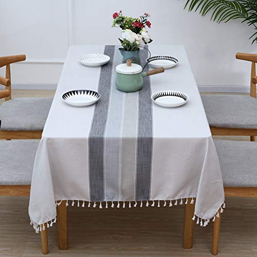 YISUN Table Cloth, Stitching Tassel Rectangle Tablecloth Cotton Linen Dust-Proof Table Cover for Rectangle Table Cloths for Kitchen Dining Party (Rectangle/Oblong, 55 x 86 Inch, Light Gray)