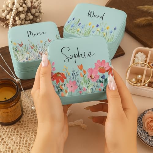 Image of PRIMIT Personalized Jewelry Box with Name & Birth Flower - Custom Travel Jewelry Organizer Case - Bridesmaid, Birthday, Christmas Gift for Women & Girls (Mint)