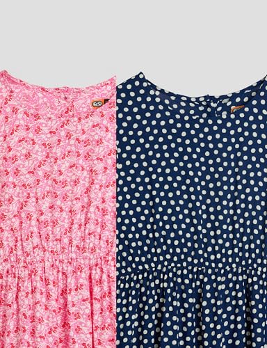 Image of Amazon Brand - Symbol Girl's Rayon Fit and Flare Kids Knee Length Printed Casual Dress (KD-DRG-SS25-123 Navy + Pink 8-10 Years)