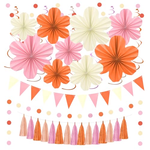 Image of Pink and Orange Party Decorations Birthday Graduation Decor Supplies | Hanging Paper Flowers Tassel Garland Swirls for Autumn Sunset Soiree Party Bachelorette Baby Shower Classroom Decor