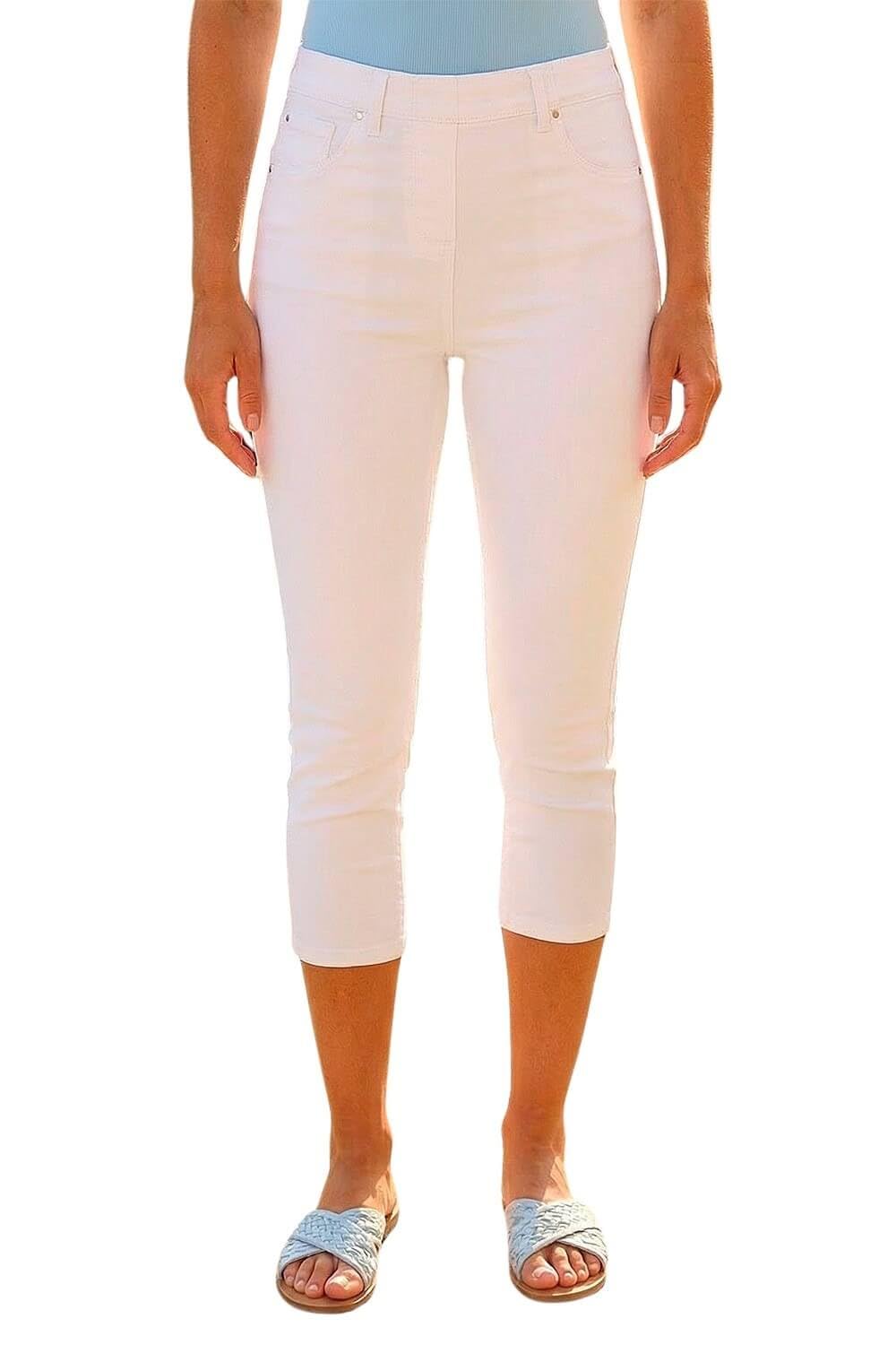 Roman Originals Women's White Roman Cropped Jeggings For Uk Capri Stretchy Jeans Denim Legging Cotton Summer Trouser Three Quarter 3/4 Length Pull On Cut Off High Waist Smart - Size 18