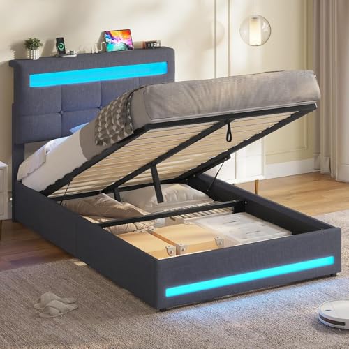 AOGLLATI Cama Individual 90x200 cm con Almacenamiento Hidráulico, Cama Canapé 90 con Cabecero Ajustable, Estructura de Cama Individual con Luces LED y Estación de Carga (USB y Tipo-C), Gris Oscuro