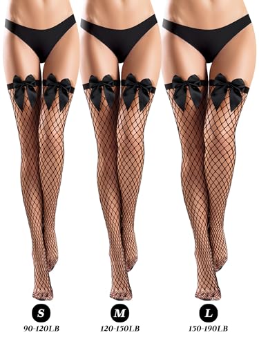 Image of Fourluoo 4 Pairs Fishnet Thigh High Stocking for Women Silicone Lace Top Sheer Silky over Knee High Stocking with Bows