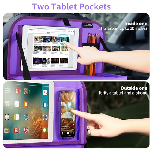 Image of LUCMO Car Backseat Organizer with Foldable Tablet Holder, Dark Purple | 6 Storage Pockets,Foldable Food Tray,Protectors Kick Mats,Travel Accessories,Seat Cover,Road Trip Essentials