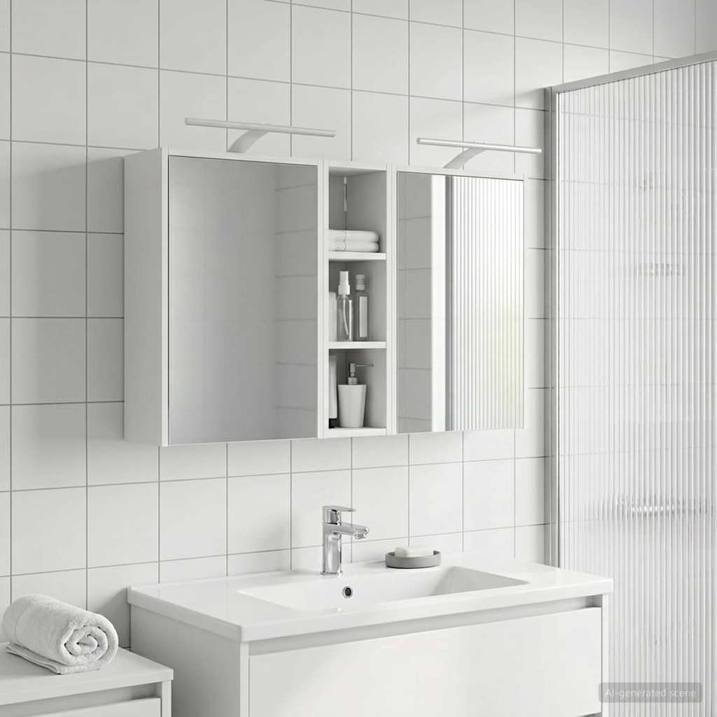 3-częściowy zestaw szafek łazienkowych z materiału drewnopochodnego, 106 x 16 x 62,5 cm, z oświetleniem LED, montaż ścienny, przestrzeń do przechowywania i dwukierunkowe lustro do łazienki i