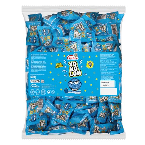 Caramelos Cerdán - Bolón Yokolón sabor frambuesa pintalenguas con rebozado soda ácido | Caramelo duro intenso y divertido | Sin gluten ni alérgenos. Bolsa 75 uds aprox. – 500 g