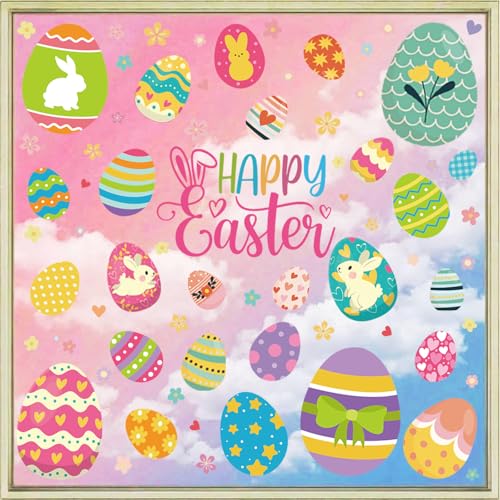 Image of 9 Sheets Easter Window Clings for Glass Windows Easter Decorations for Home | Easter Eggs Window Stickers, Happy Easter Decor for Parties, Bunny Rabbit Spring Summer Decals for Home, Office, Classroom